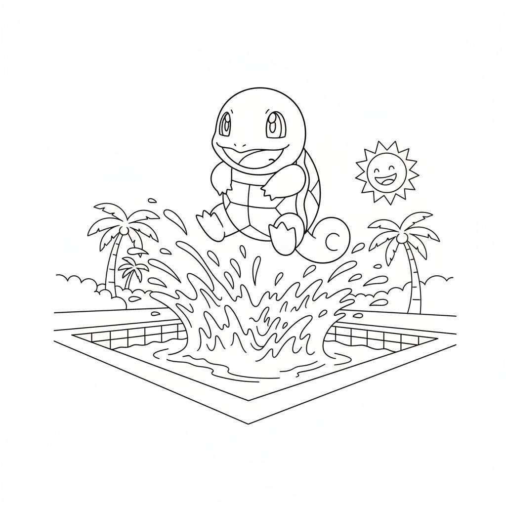 Kleurplaat van een lachende Squirtle-achtige schildpad die met een grote plons in een zwembad duikt, omringd door opspattend water, palmboomen en een vrolijke zon.