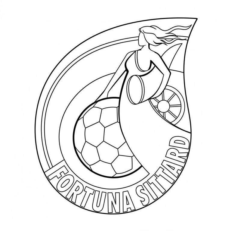 Zwart-wit lijntekening van het Fortuna Sittard clublogo, een kleurplaat. Het embleem toont de godin Fortuna met een hoorn des overvloeds en een voetbal, staand voor een wiel. De tekst 'FORTUNA SITTARD' staat onderaan de schildvormige omranding.
