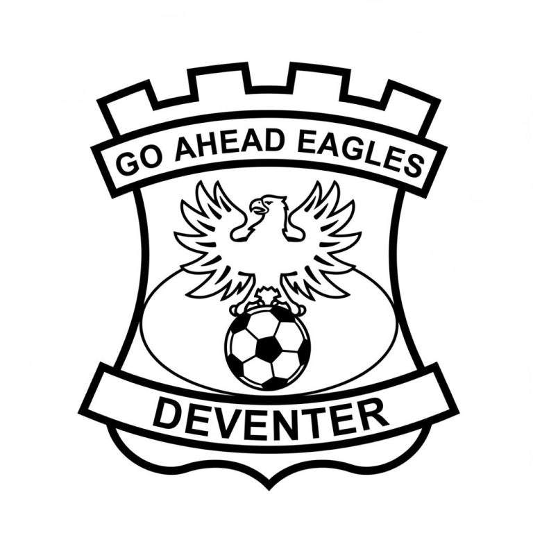 Zwart-wit kleurplaat van het Go Ahead Eagles logo: een schild met kantelen, een adelaar op een voetbal, en de teksten 'GO AHEAD EAGLES' en 'DEVENTER'.