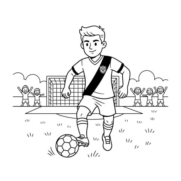 Zwart-witte kleurplaat van een lachende NAC Breda voetballer die dribbelt voor een doel, met juichende kinderen, een grasveld en heuvels op de achtergrond.