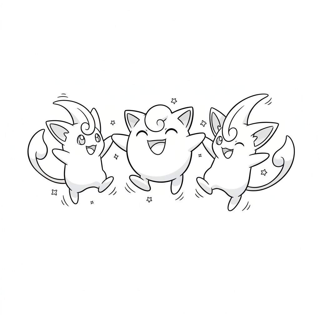 Zwart-wit kleurplaat van dansende Pokémon: Cleffa, Jigglypuff en Igglybuff houden elkaars hand vast, lachend en omringd door sterren en vierkantjes.