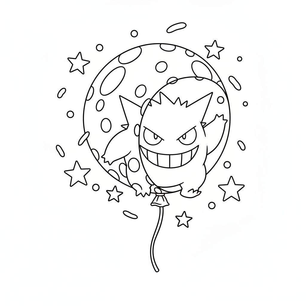 Zwart-witte lijnenafbeelding van een Gengar als ballon voor een maan, omringd door sterren en fonkelingen, bedoeld als kleurplaat.