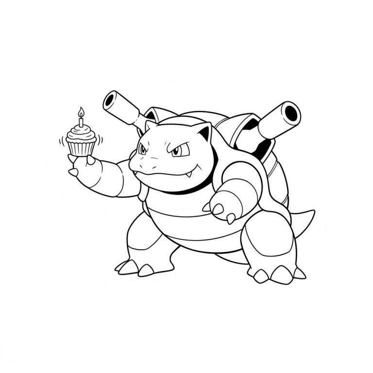 Zwart-wit kleurplaat van Blastoise die een cupcake met brandend kaarsje vasthoudt.