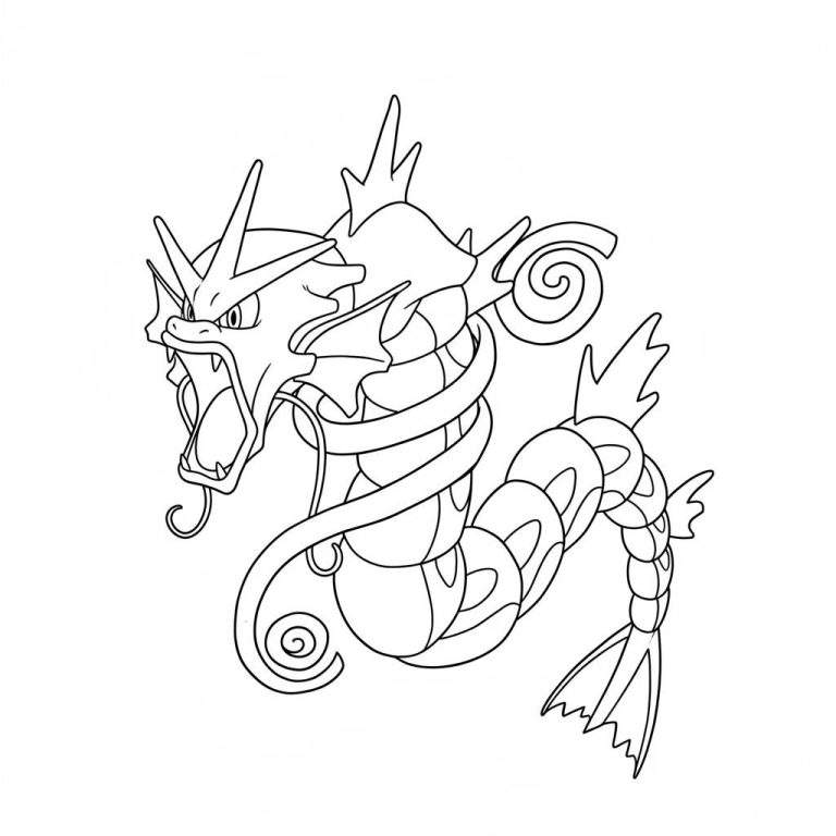 Lijntekening van de Pokémon Gyarados, brullend afgebeeld met open bek, hoorns en kronkelend lichaam, als zwart-witte kleurplaat.