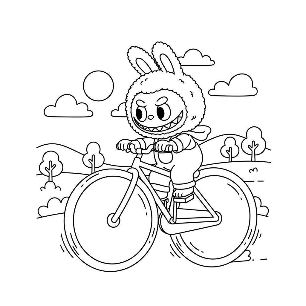 Labubu in pluizig konijnenkostuum fietst vrolijk door een cartoonlandschap met zon, wolken en glooiende heuvels. Zijn brede, tandige glimlach is opvallend.