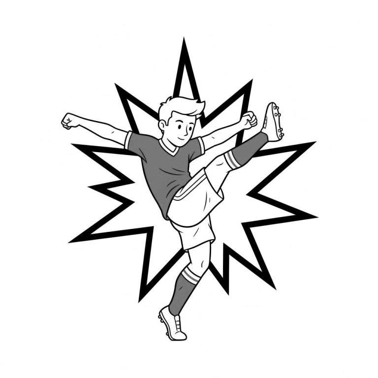 Cartoon kleurplaat van een lachende jonge AZ-voetballer in dynamische schop-actie, met een explosief effect op de achtergrond. Zijn voetbalshirt is grijs ingekleurd.