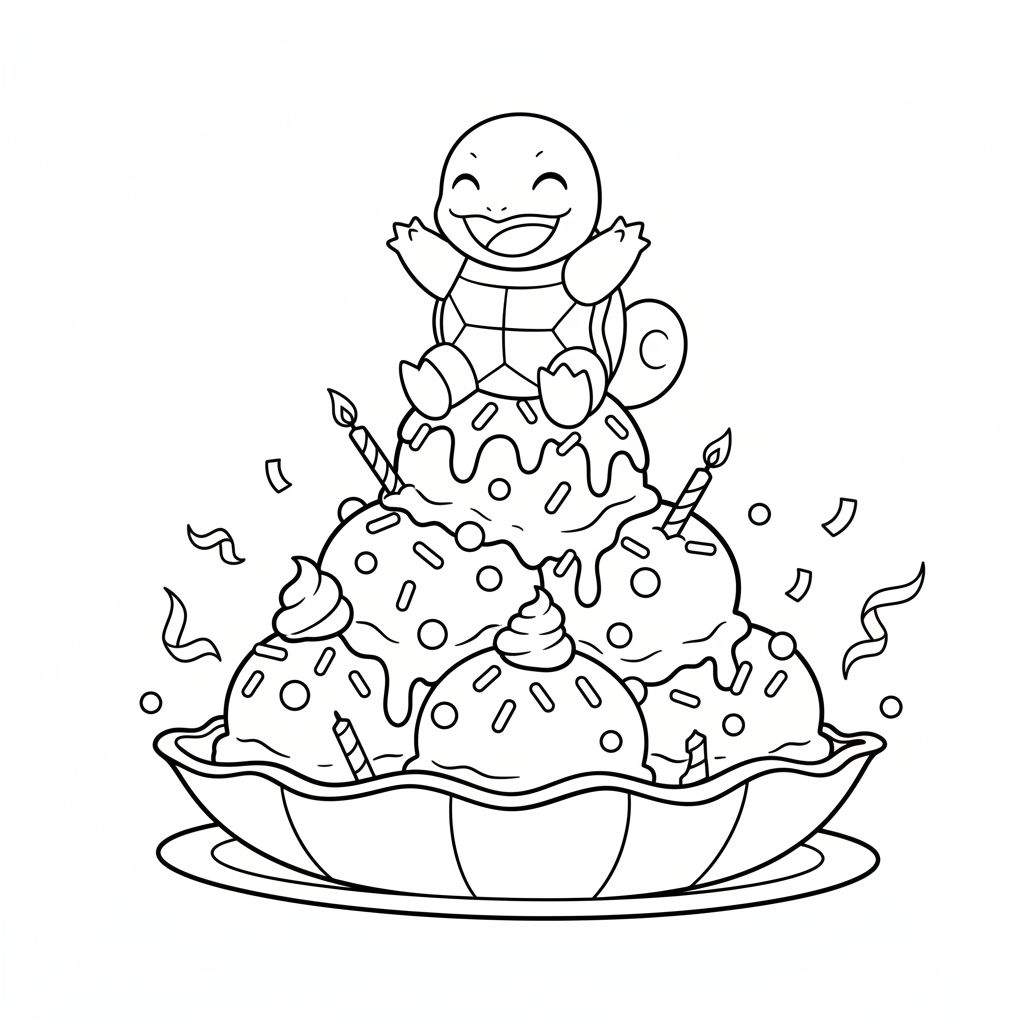 Kleurplaat van lachende Squirtle op een feestelijke ijscoupe met brandende verjaardagskaarsjes, hagelslag, saus, slingers en confetti in een kom op een schotel.