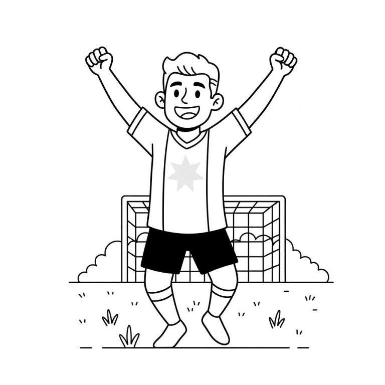 Kleurplaat van een juichende Ajax-voetballer in shirt met ster, met armen omhoog voor een voetbaldoel op een voetbalveld.