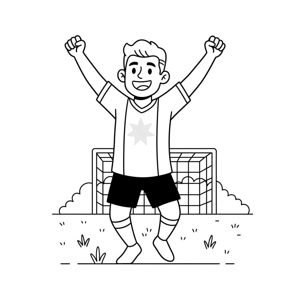 Kleurplaat van een juichende Ajax-voetballer in shirt met ster, met armen omhoog voor een voetbaldoel op een voetbalveld.