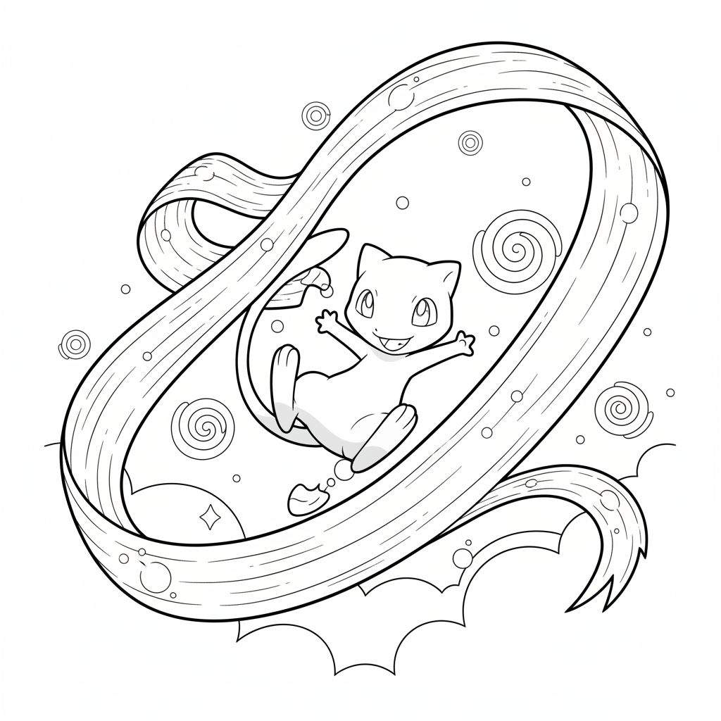 Zwart-witte kleurplaat van de Pokémon Mew, vrolijk zwevend in een golvend lint omringd door cirkels en spiralen.
