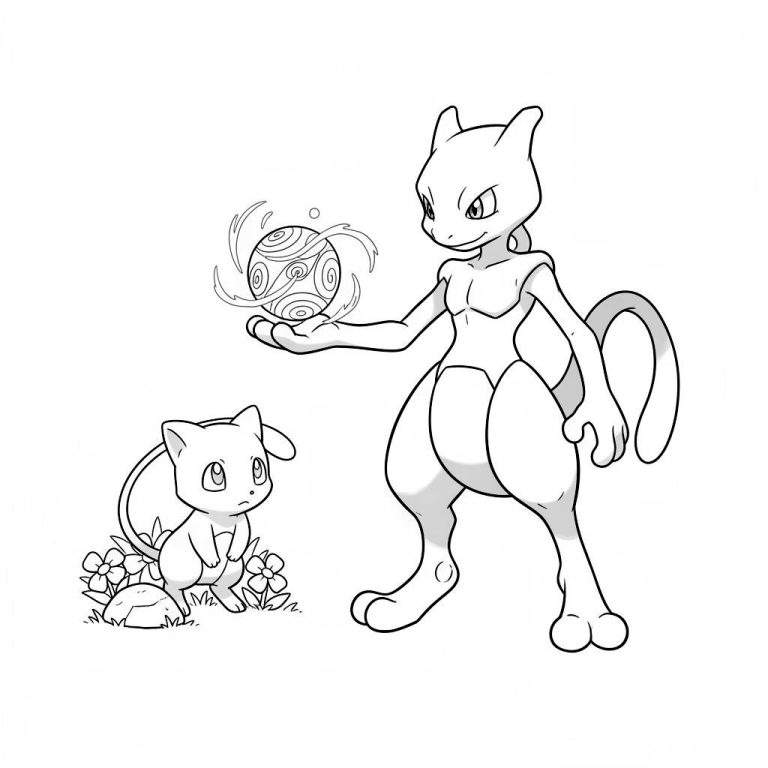 Zwart-wit kleurplaat van Mewtwo die een wervelende energiebol vasthoudt, met de kleine Mew die nieuwsgierig omhoog kijkt, omringd door bloemen en gras.