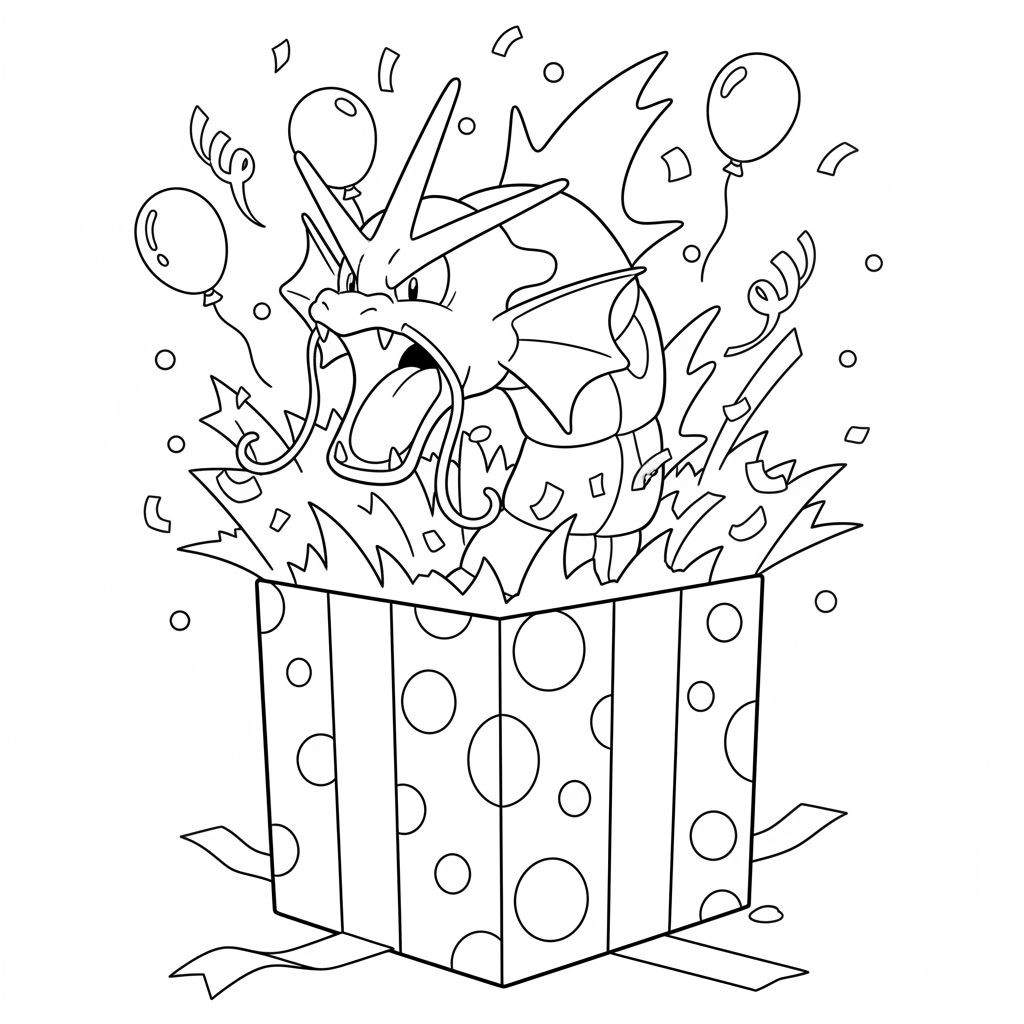 Zwart-wit kleurplaat van Pokémon Gyarados die boos of verrast uit een gescheurde cadeauverpakking met stippen en linten barst, omringd door feestelijke ballonnen, confetti en slingers.