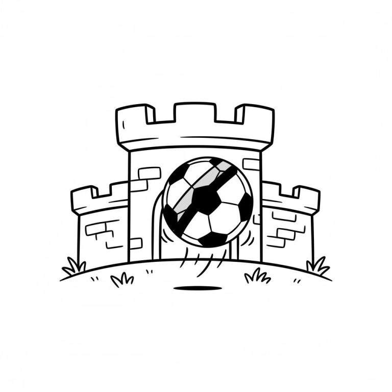 Zwart-wit cartoon kleurplaat van een kasteel met drie torens en kantelen, met een voetbal die stuitert in de boogpoort van de middentoren. Onderwerp: NAC Breda.