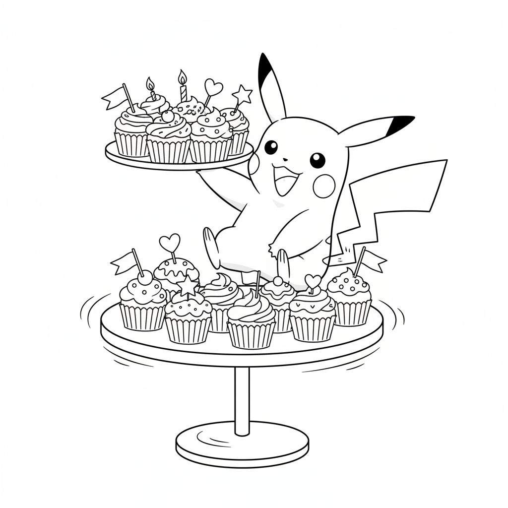 Zwart-wit kleurplaat van een vrolijke Pikachu die een dienblad met feestelijke cupcakes vasthoudt, met extra cupcakes op een standaard eronder, versierd met kaarsjes, vlaggetjes, hartjes en sterretjes.