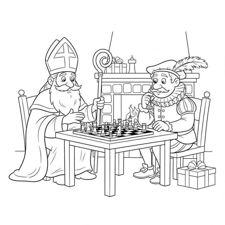 Zwart-wit kleurplaat van Sinterklaas die schaakt met een jongeman in feestelijke kleding bij een open haard, met een cadeau op de grond.