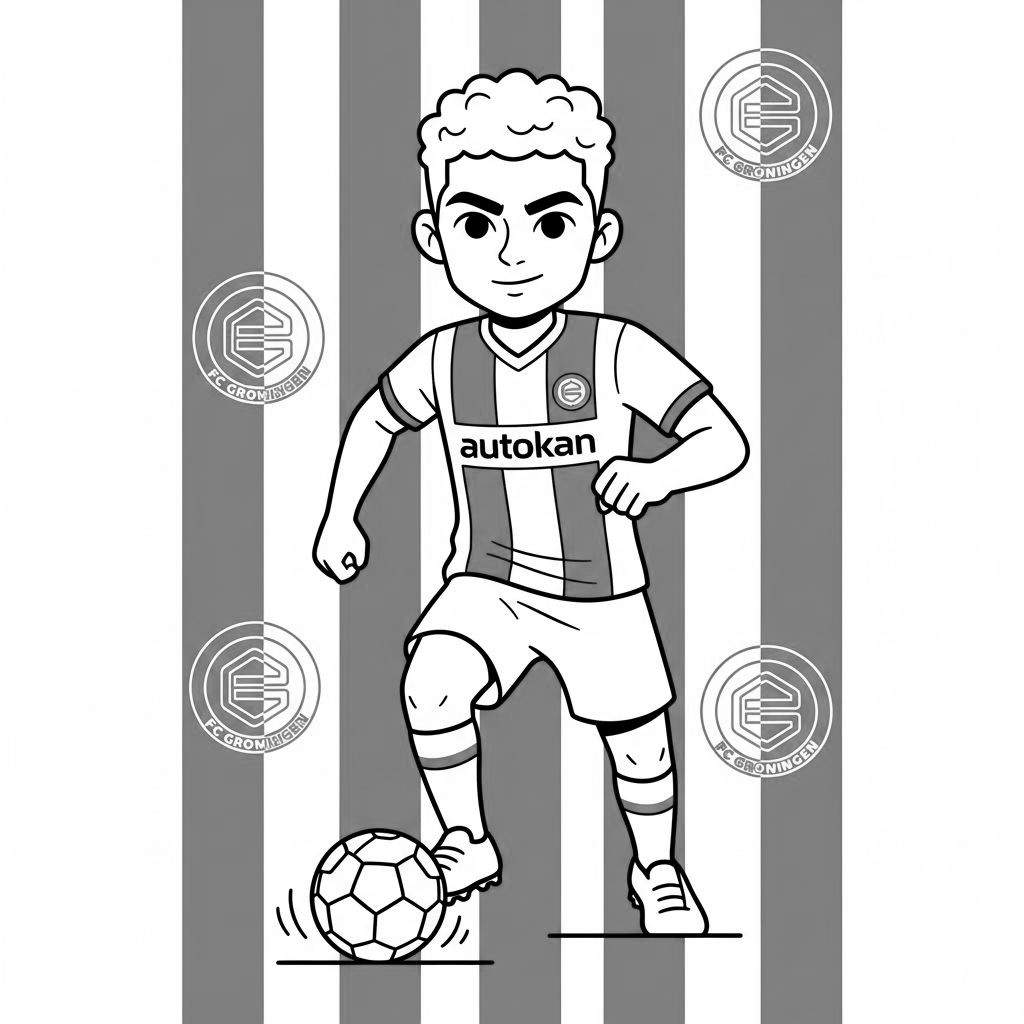 Zwart-witte kleurplaat van een jonge FC Groningen voetballer met krullend haar die de bal dribbelt met zijn linkervoet. Hij draagt een gestreept shirt met 'autokan' en witte broek, met FC Groningen logo's op de achtergrond.