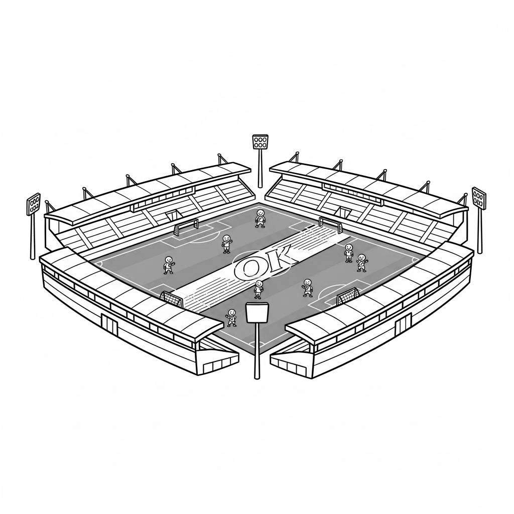 Zwart-wit lijntekening van een NAC Breda voetbalstadion vanuit vogelvluchtperspectief met voetbalveld, spelers, doelen, lichtmasten en een groot 'OK' met strepen op het veld.