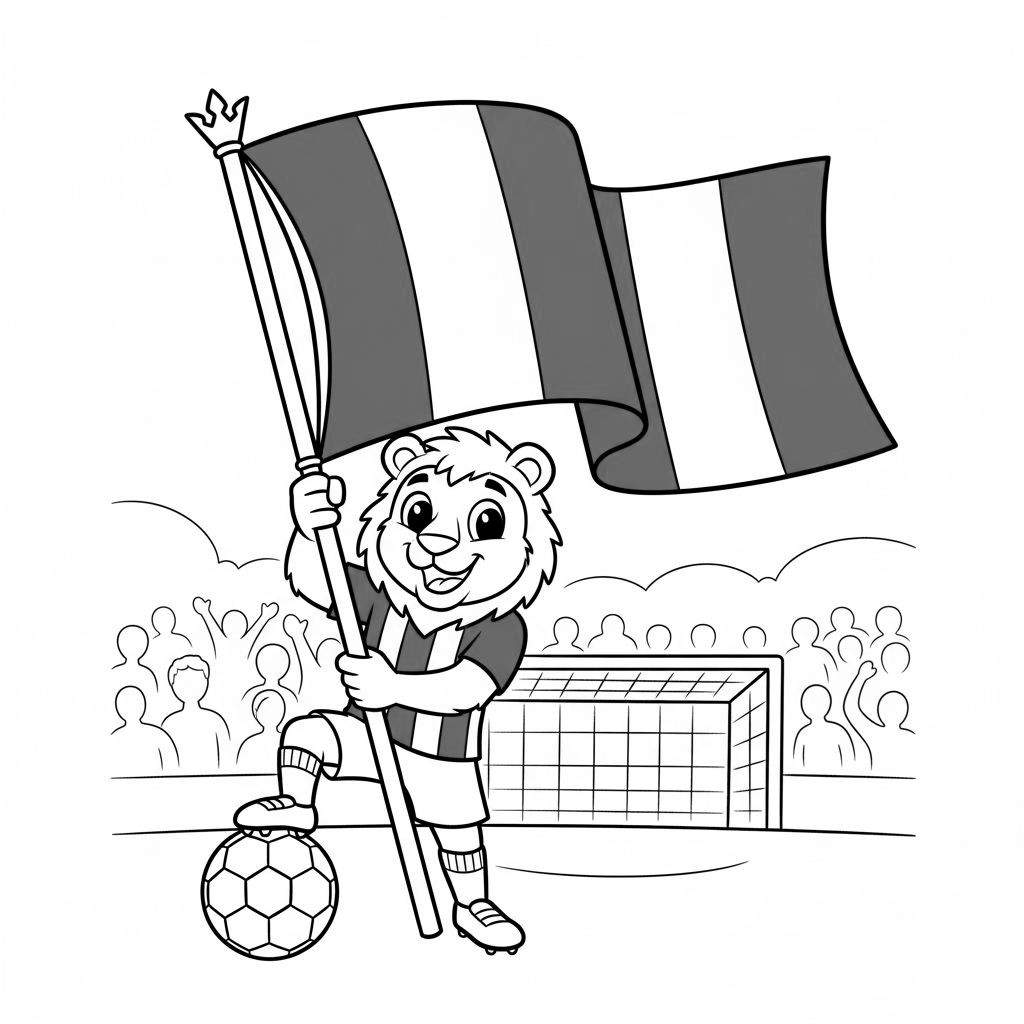 Kleurplaat van lachende leeuwenmascotte in PEC Zwolle voetbaltenue, staand op voetbal en zwaaiend met gestreepte vlag in een stadion.