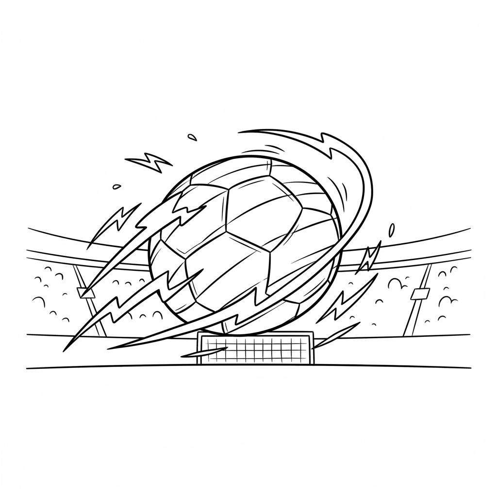Zwart-wit lijntekening van een voetbal die met grote snelheid richting een doel beweegt, omgeven door dynamische snelheidslijnen en met de vage contouren van een stadion op de achtergrond. Thema: PSV.