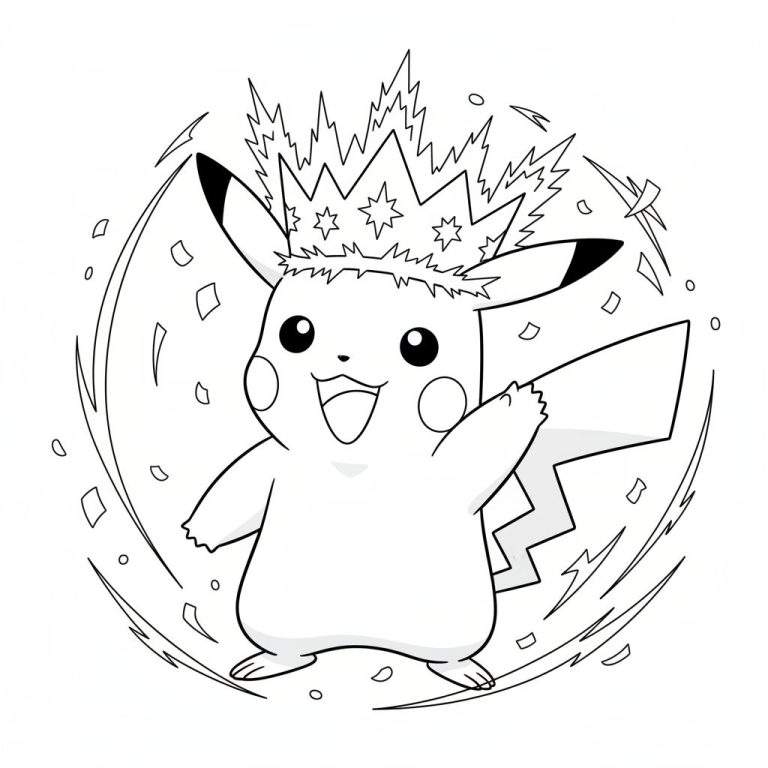 Lachende Pikachu kleurplaat met een kroon van bliksem en sterren, omringd door dynamische energie-uitbarstingen.