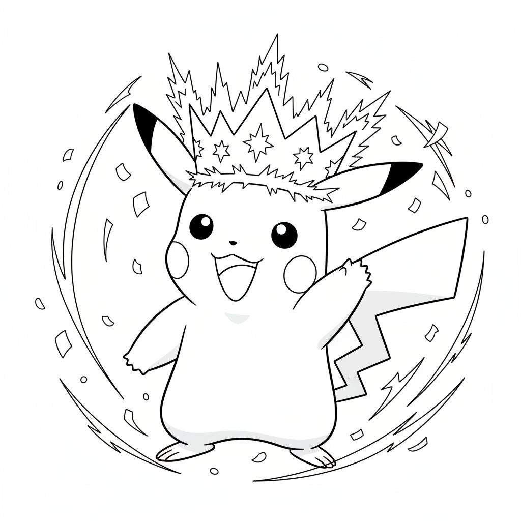 Lachende Pikachu kleurplaat met een kroon van bliksem en sterren, omringd door dynamische energie-uitbarstingen.
