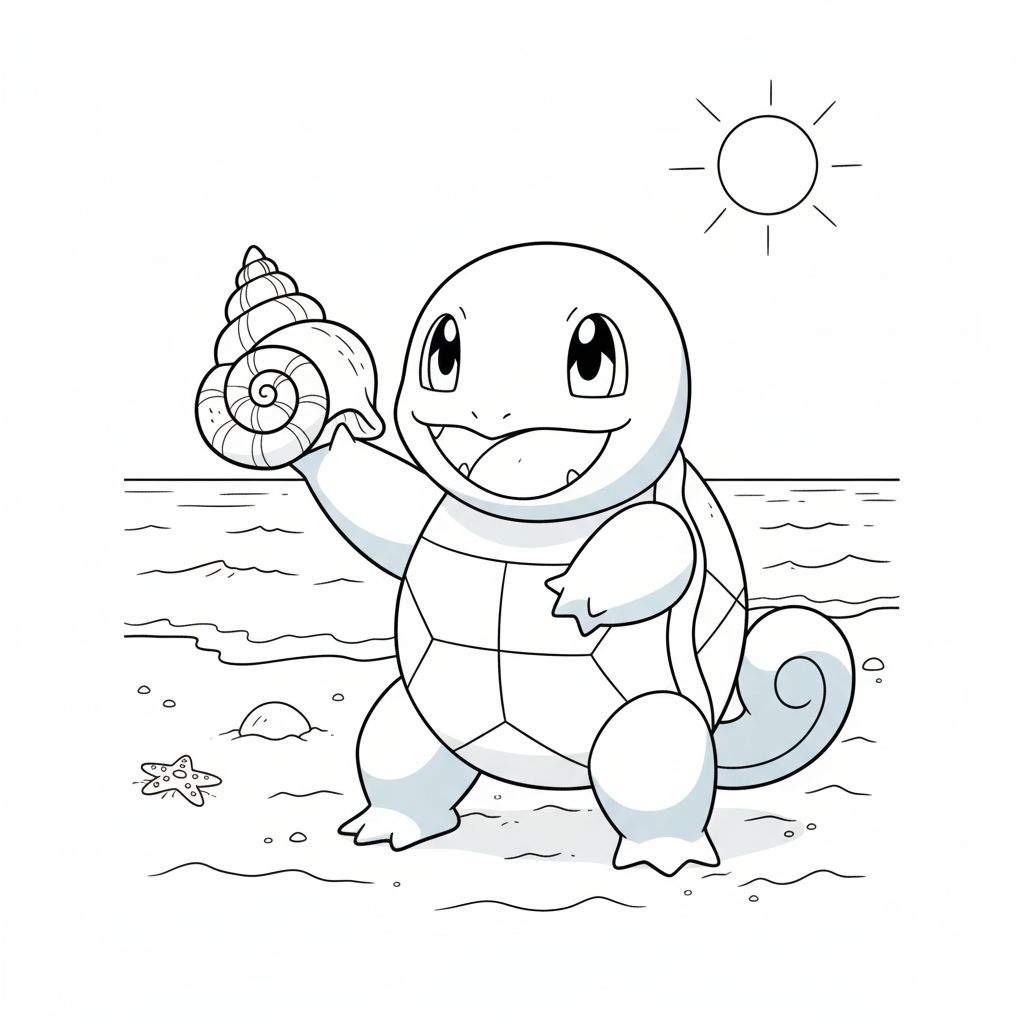 Zwart-wit kleurplaat van een lachende Squirtle op een strand, die een grote spiraalvormige zeeschelp omhooghoudt. De zee, zon, een zeester en kleine objecten zoals steentjes liggen op de achtergrond.
