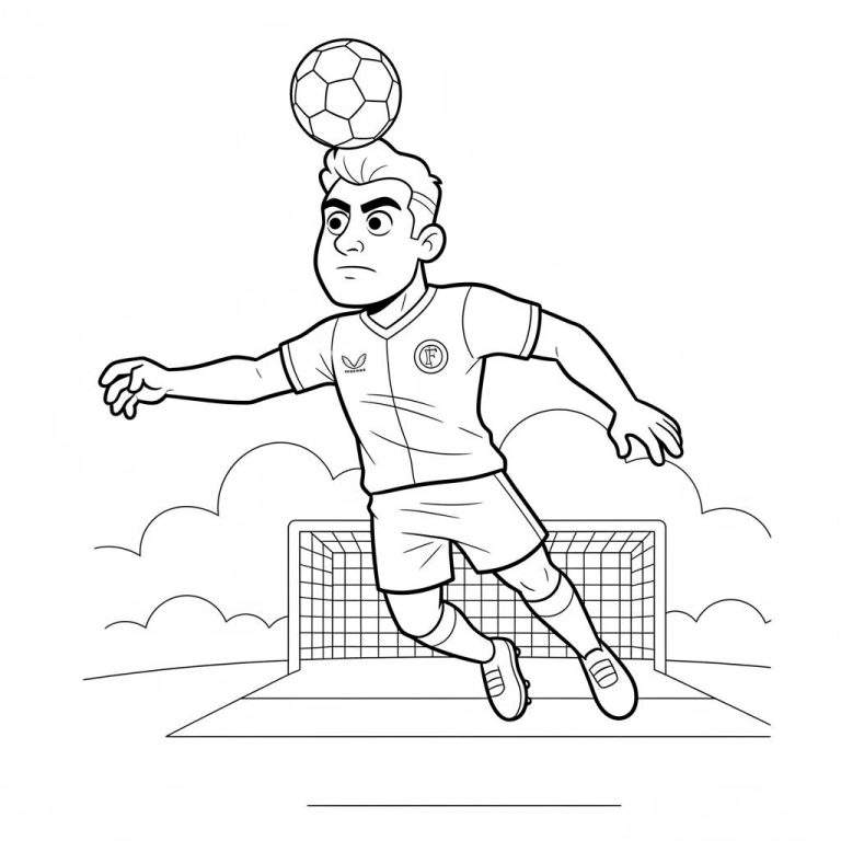 Zwart-wit kleurplaat van een jonge Feyenoord voetballer die een voetbal kopt in de lucht, met een 'F' op zijn shirt, een doel en wolken op de achtergrond.