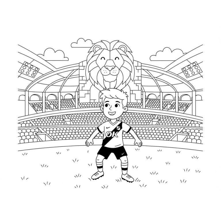 Zwart-wit kleurplaat van een lachende jongen in NAC-voetbaltenue ('OK' logo) met vriendelijke leeuwenhoofd-mascotte en een voetbalstadion op de achtergrond.