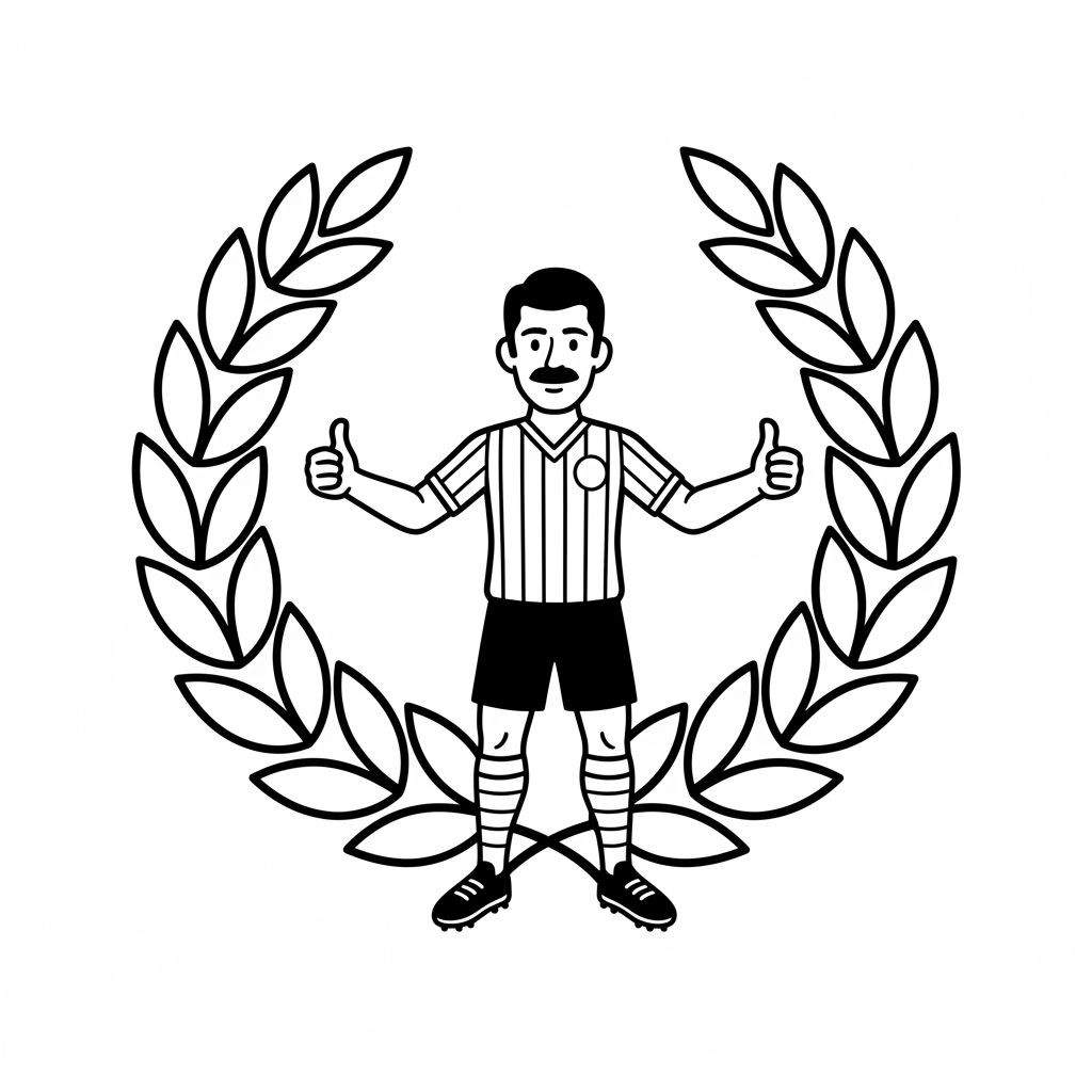 Zwart-wit kleurplaat van een vintage Sparta Rotterdam voetbalscheidsrechter of speler met snor, gestreept shirt, duimen omhoog, omringd door een lauwerkrans.