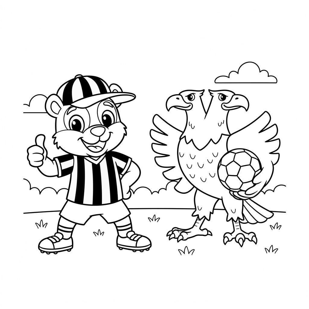 Zwart-wit kleurplaat Vitesse met vrolijke beer in voetbaltenue die duim opsteekt en tweekoppige adelaar met voetbal in klauw, op een grasveld met wolken. Sportief thema.