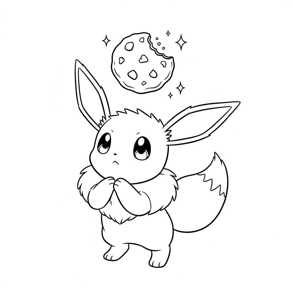 Lijntekening van Eevee die met smekende ogen omhoog kijkt naar een zwevend koekje met chocoladestukjes. Een schattige Pokémon kleurplaat.