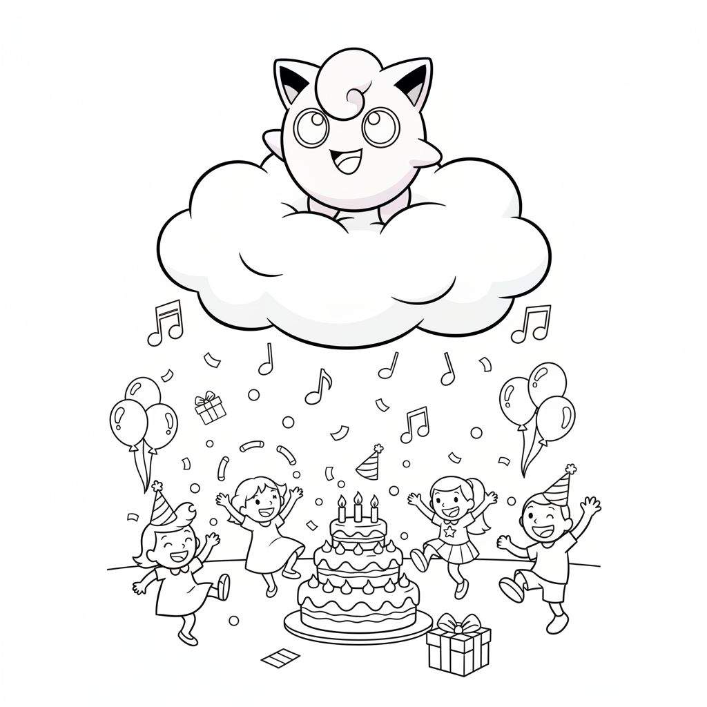 Zwart-wit kleurplaat van Jigglypuff op een wolk boven een uitbundig kinderfeestje met dansende kinderen, verjaardagstaart, ballonnen en cadeautjes.