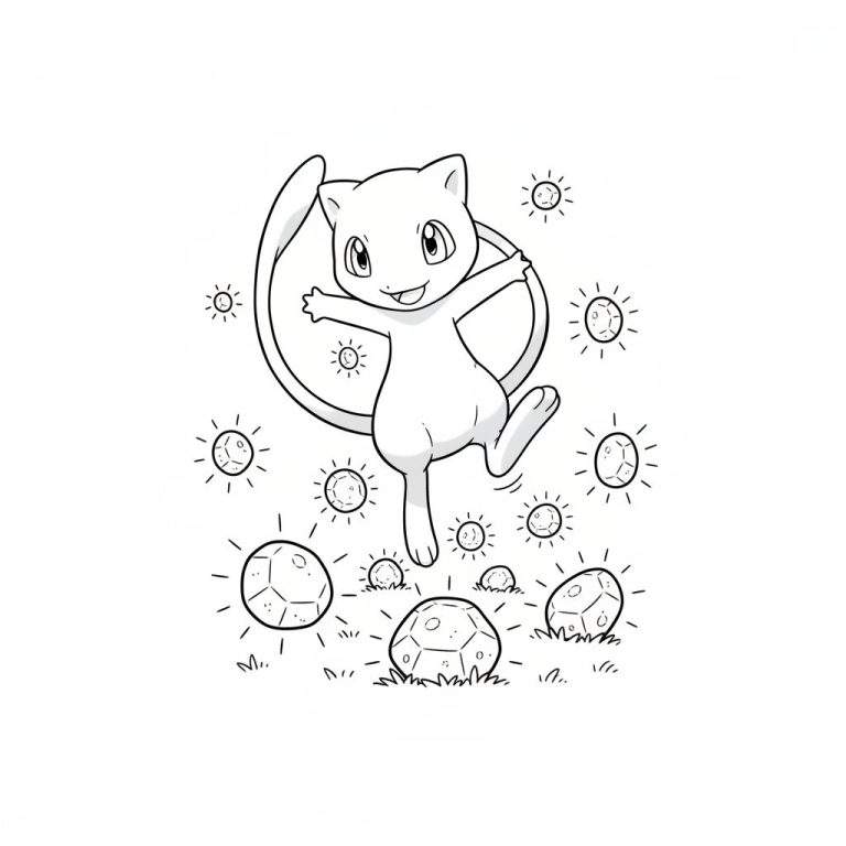 Zwart-wit kleurplaat van een vrolijke en speelse Mew Pokémon, omringd door gloeiende energiebollen en gefacetteerde stenen op de grond.