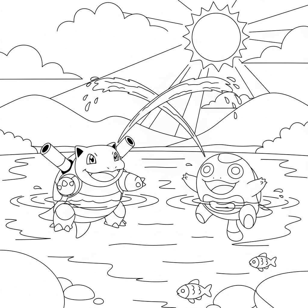 Zwart-witte kleurplaat van Blastoise die water spuit terwijl hij met een lachende Poliwag in het water speelt. Op de achtergrond zijn glooiende heuvels, een stralende zon en wolken te zien, met kleine visjes en stenen in het water op de voorgrond.