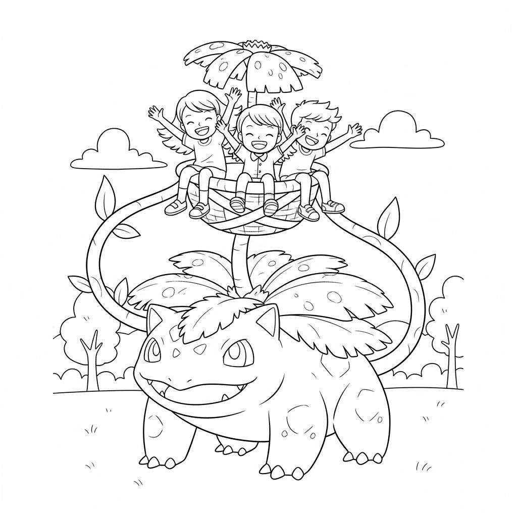 Kleurplaat van een lachende Venusaur met drie juichende kinderen in een grote bloem op zijn rug, omringd door ranken en een buitenlandschap.