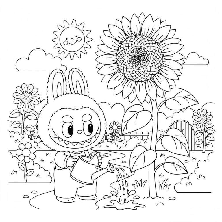 Zwart-wit kleurplaat van Labubu in een konijnenpak die planten water geeft in een vrolijke tuin met een grote zonnebloem, kleinere bloemen, een tuinpoort, een lachende zon en een wolkje.