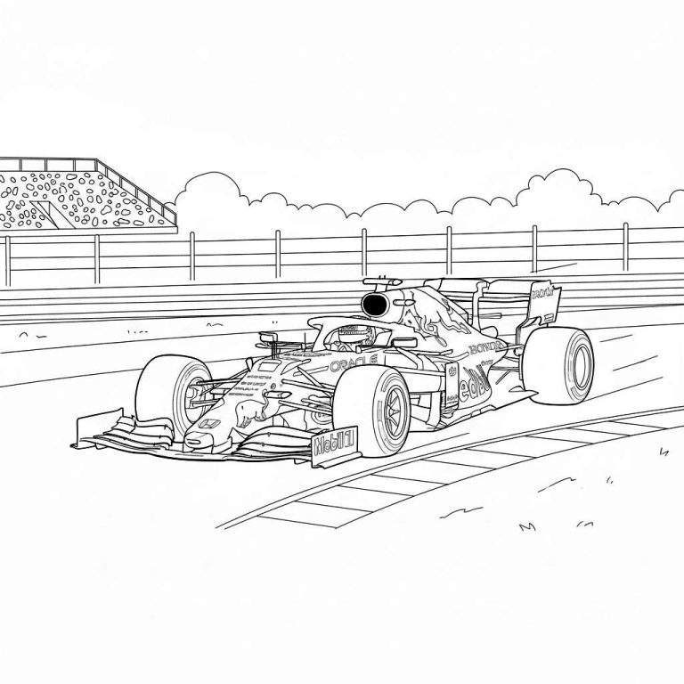 Zwart-wit lijntekening kleurplaat van een Red Bull Formule 1-raceauto met coureur, rijdend op een circuit. Naast de baan is gras te zien, met hekken. Op de achtergrond staat een tribune met toeschouwers en wolken aan de horizon.