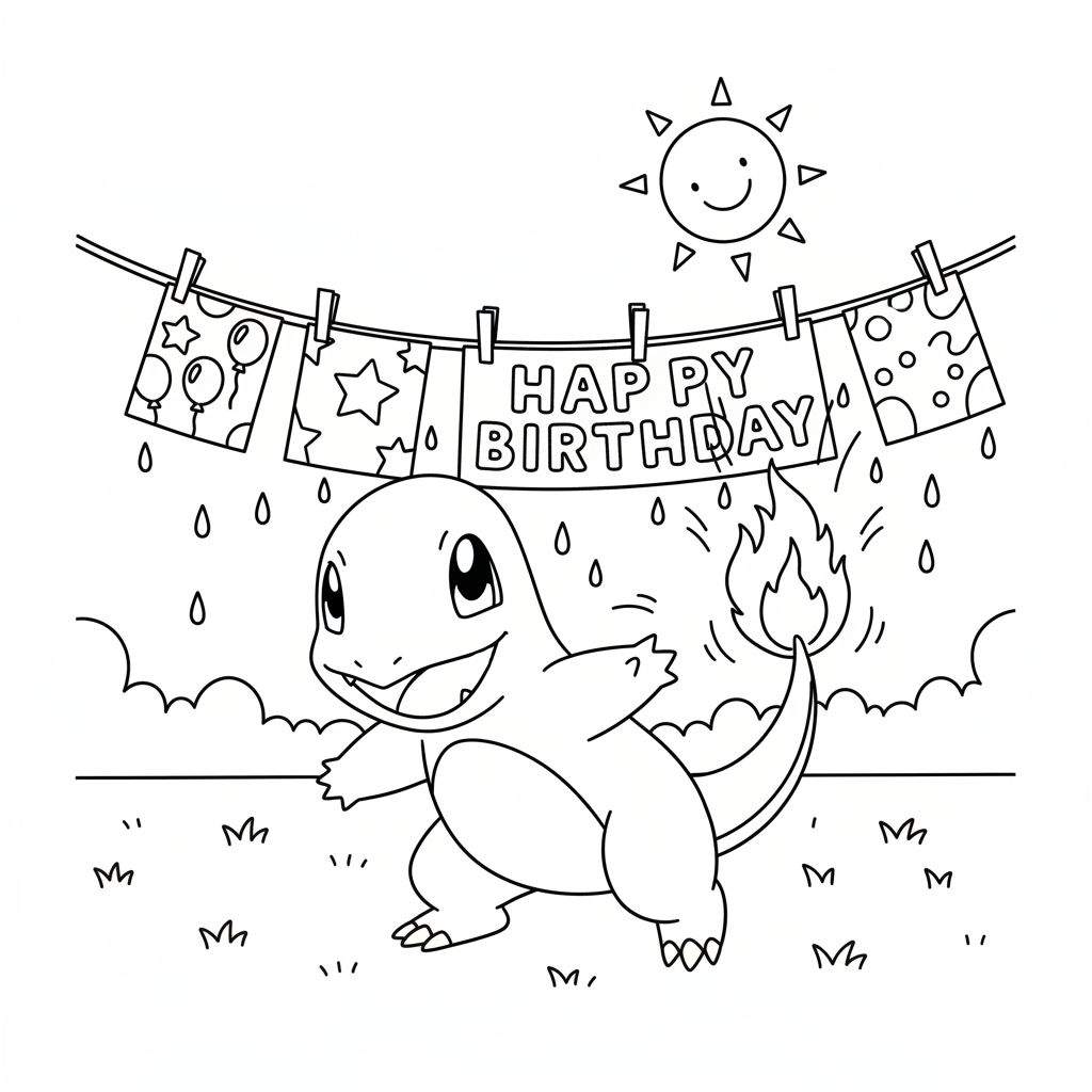 Zwart-wit kleurplaat van een vrolijke Charmander die een verjaardagsfeest viert onder een 'HAPPY BIRTHDAY' slinger, met een lachende zon en vallende confetti in een buitenomgeving.