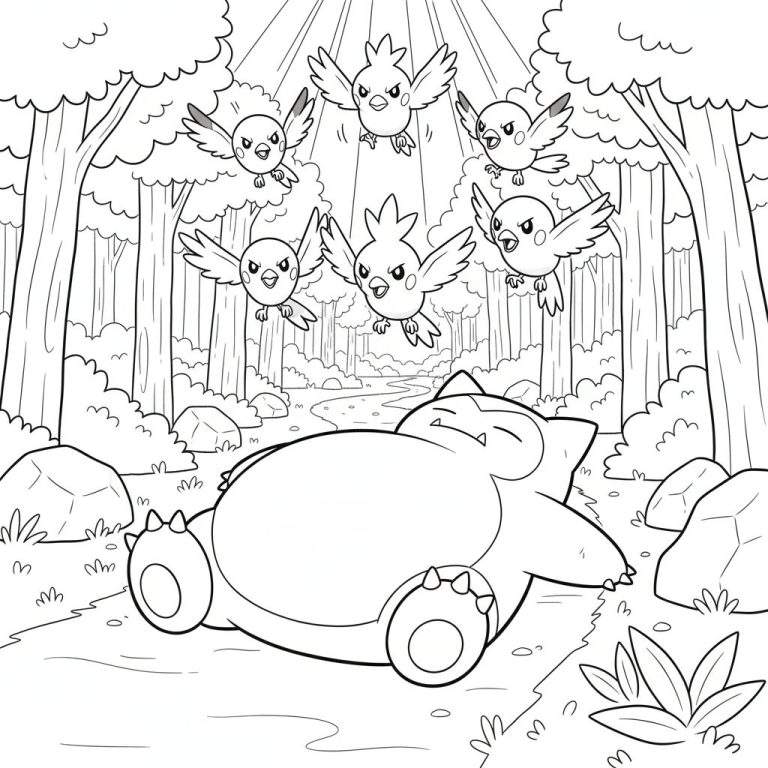 Zwart-wit lijntekening kleurplaat van een slapende Snorlax in een bos, omringd door zes boze vogels die rondvliegen en hem proberen wakker te maken. Lichtstralen vallen op de vogels.
