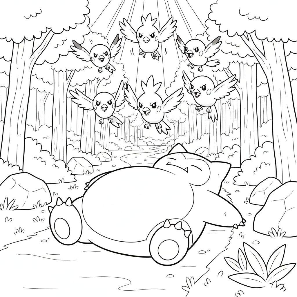 Zwart-wit lijntekening kleurplaat van een slapende Snorlax in een bos, omringd door zes boze vogels die rondvliegen en hem proberen wakker te maken. Lichtstralen vallen op de vogels.