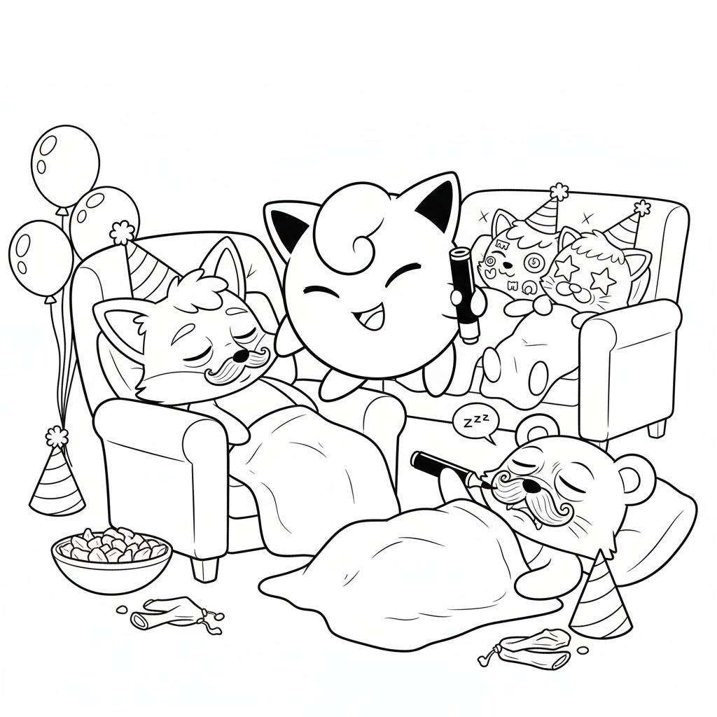 Zwart-wit illustratie van een slaapfeestje waarbij een wakker Jigglypuff snorren tekent op de gezichten van slapende dieren. Een vos, twee katten, en een beer liggen onder dekens, dragen feesthoedjes, en hebben al snorren. De kamer is versierd met ballonnen, feesttoeters en snacks.