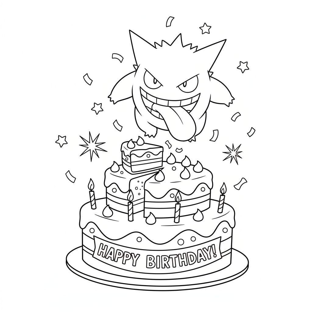 Zwart-wit lijntekening van Gengar die lachend boven een verjaardagstaart zweeft met kaarsjes, 'HAPPY BIRTHDAY!' banner, sterren en confetti.