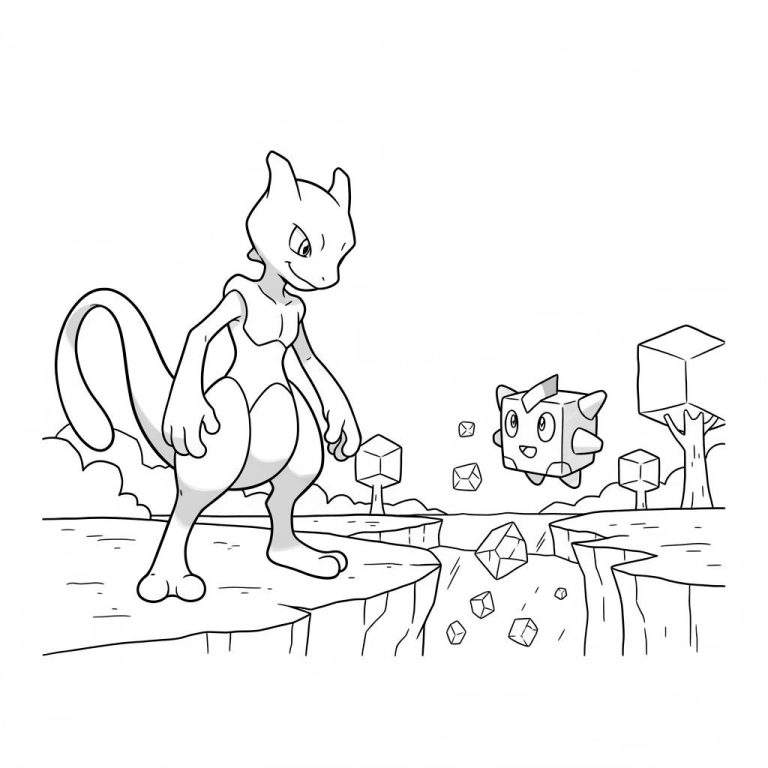 Zwart-wit kleurplaat van Mewtwo op een klif, starend naar een kubusvormige Pokémon boven een kloof, alles in een uitgesproken Minecraft-achtige stijl.