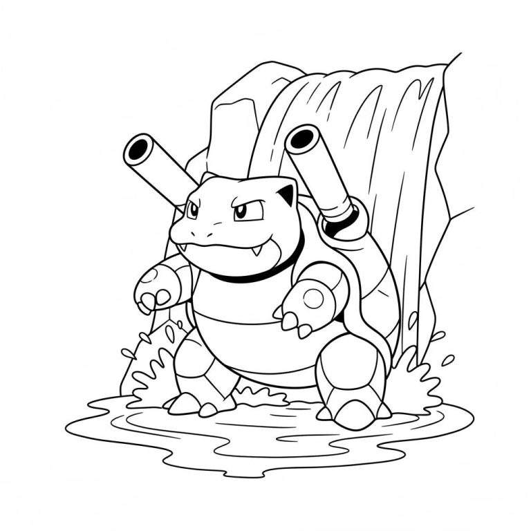 Zwart-wit lijntekening van Pokémon Blastoise in een krachtige houding, staand in het opspattende water van een waterval, met rotsen op de achtergrond en zijn kenmerkende waterkanonnen zichtbaar.