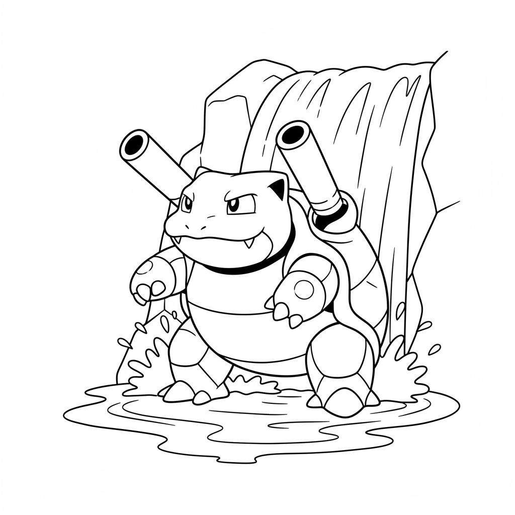 Zwart-wit lijntekening van Pokémon Blastoise in een krachtige houding, staand in het opspattende water van een waterval, met rotsen op de achtergrond en zijn kenmerkende waterkanonnen zichtbaar.