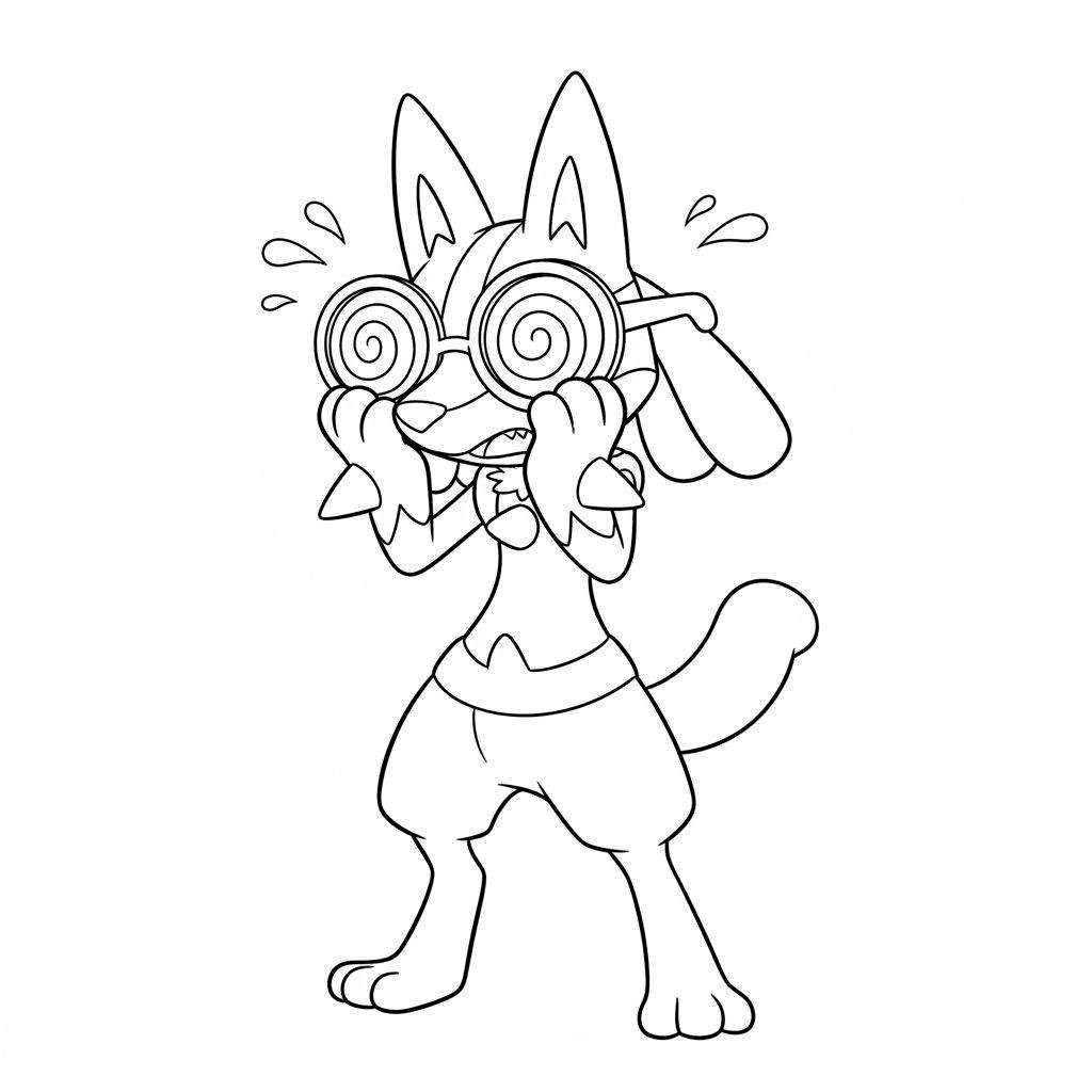 Zwart-wit kleurplaat van een Lucario-achtig figuur in schok, met grote spiraalbril, handen voor het gezicht en zweetdruppels.