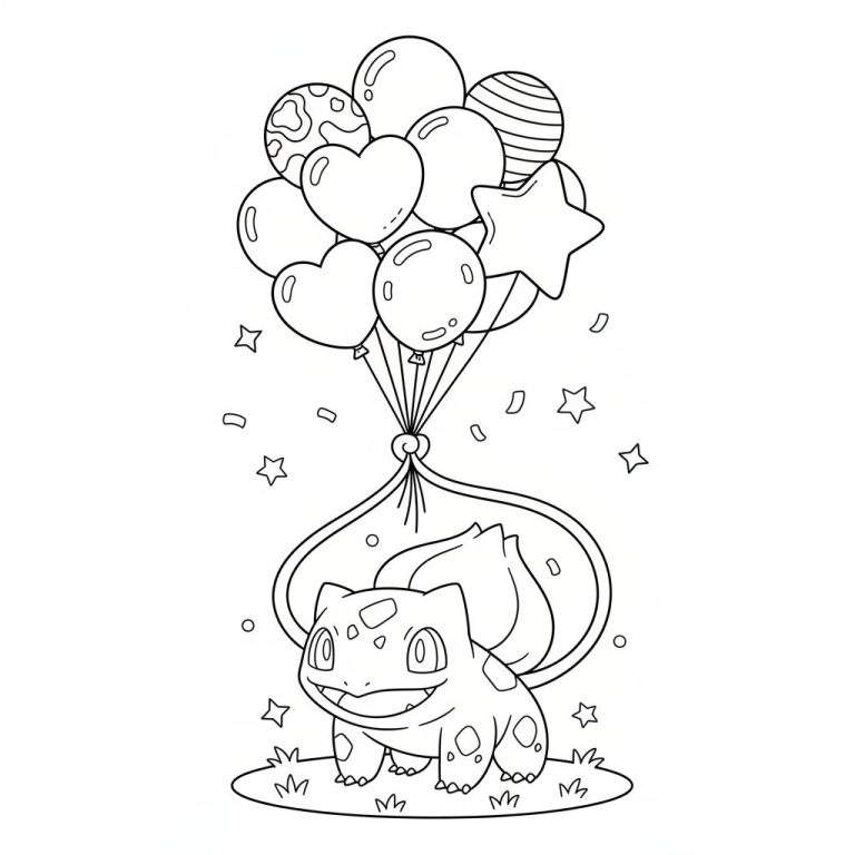 Zwart-wit kleurplaat van een lachende Bulbasaur die op gras staat, met een grote tros diverse ballonnen (rond, hart, ster) aan zijn rug bevestigd, omgeven door vliegende sterretjes en cirkels.