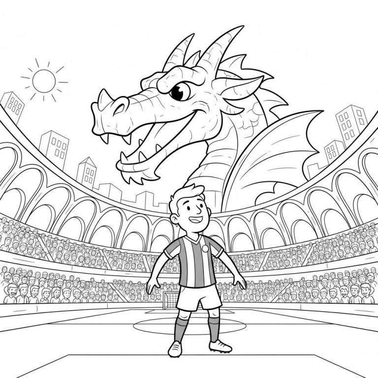 Zwart-wit kleurplaat van een lachende jonge voetballer voor een gigantische draak in een vol voetbalstadion met een stad op de achtergrond. Thema: FC Den Bosch.