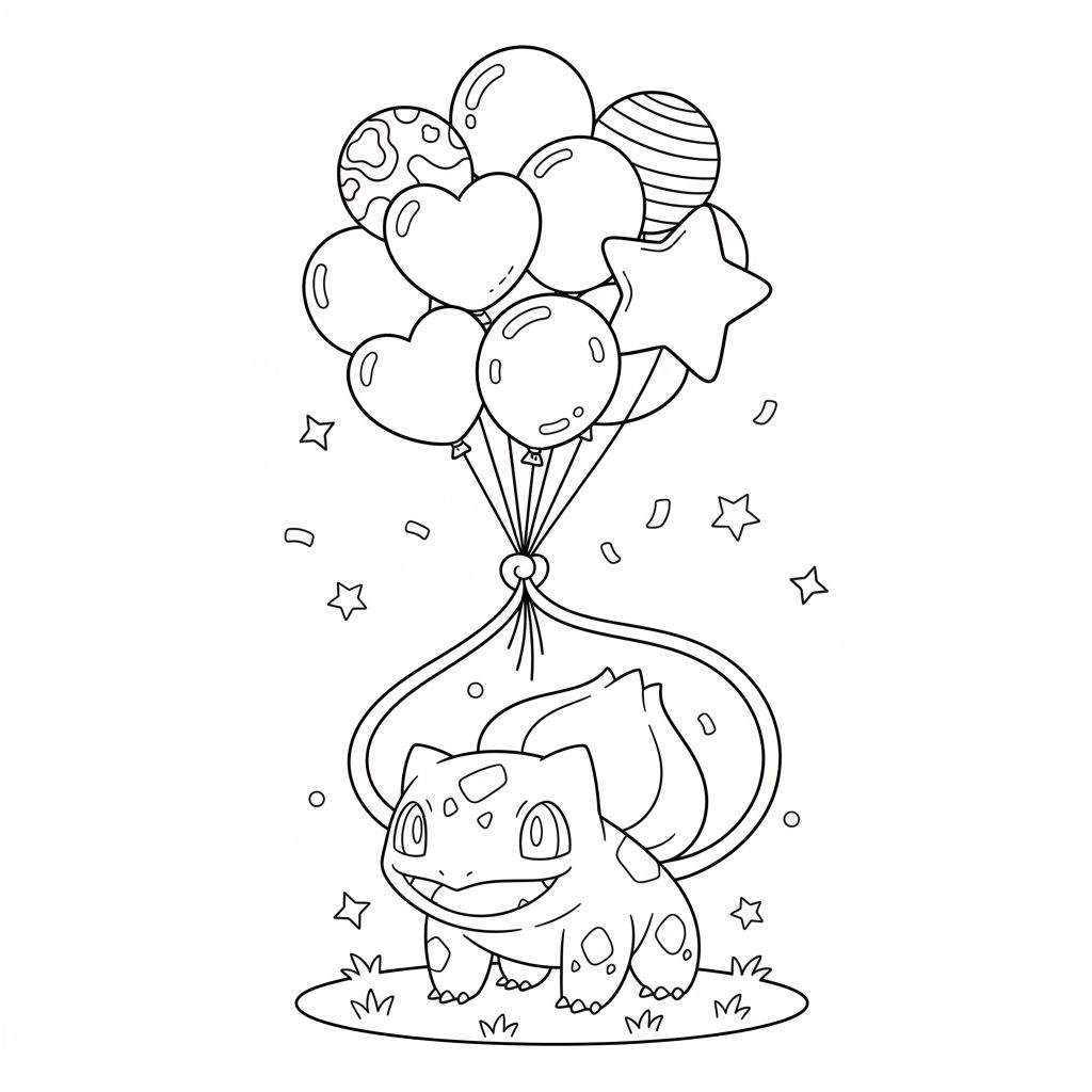 Zwart-wit kleurplaat van een lachende Bulbasaur die op gras staat, met een grote tros diverse ballonnen (rond, hart, ster) aan zijn rug bevestigd, omgeven door vliegende sterretjes en cirkels.
