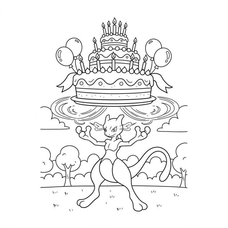 Zwart-witte kleurplaat van Mewtwo die met psychische krachten een feestelijke verjaardagstaart met kaarsjes en ballonnen omhoog houdt, omringd door struiken en bomen.